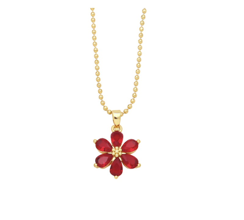 Goldtone & Red CZ Flower Pendant Necklace - Eva Sky2