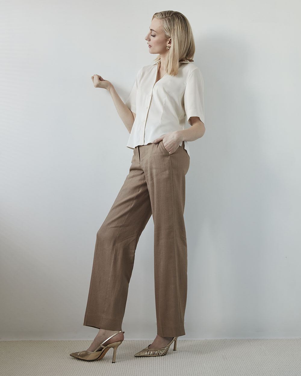 Short-Sleeve Button-Down Sateen Blouse