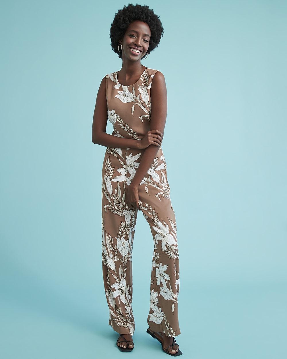 Fluid Twill Sleeveless Open-Back Jumpsuit