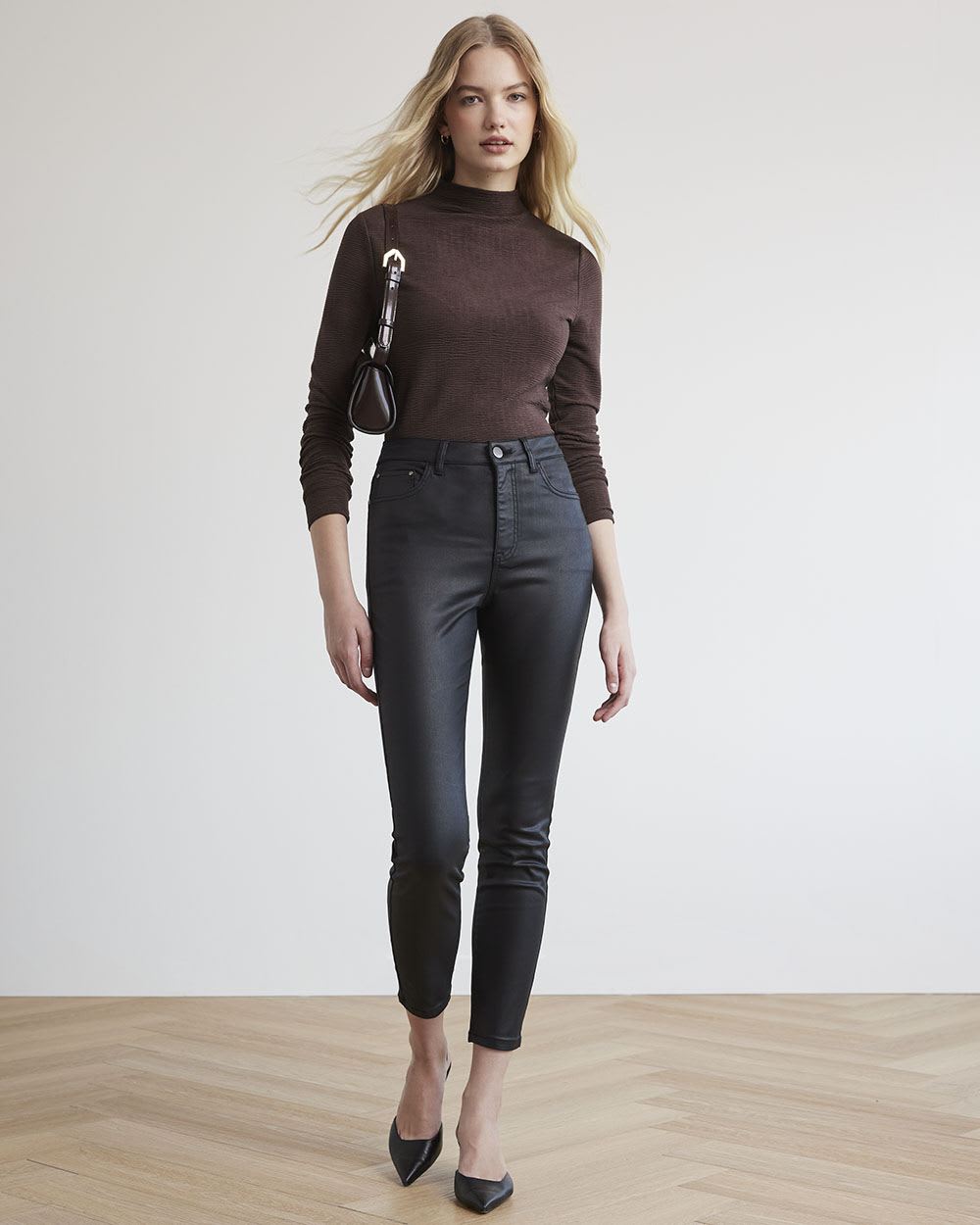 Long-Sleeve Mock-Neck Textured Bodycon Tee