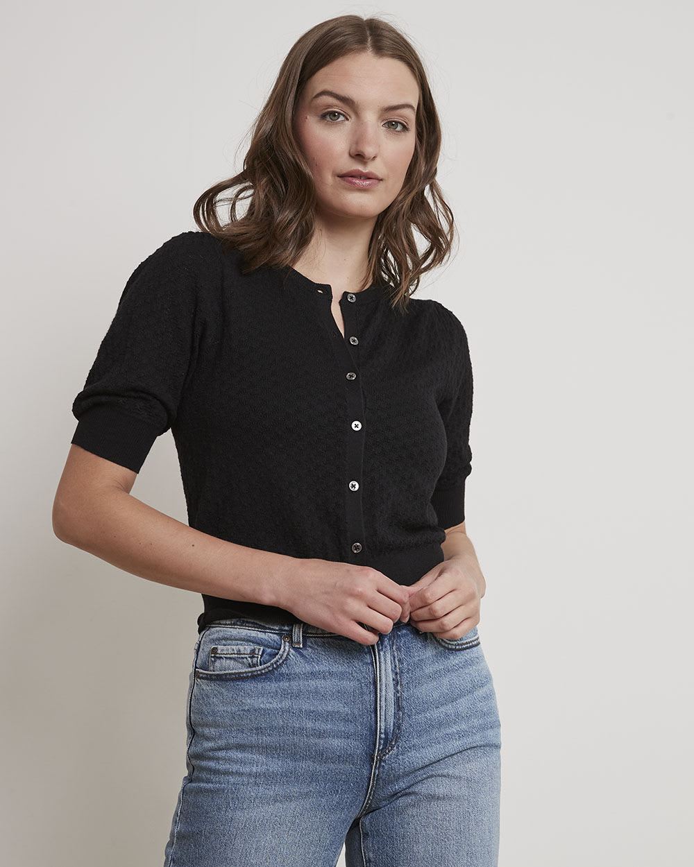 Pointelle Cardigan with Puffy Elbow Sleeves