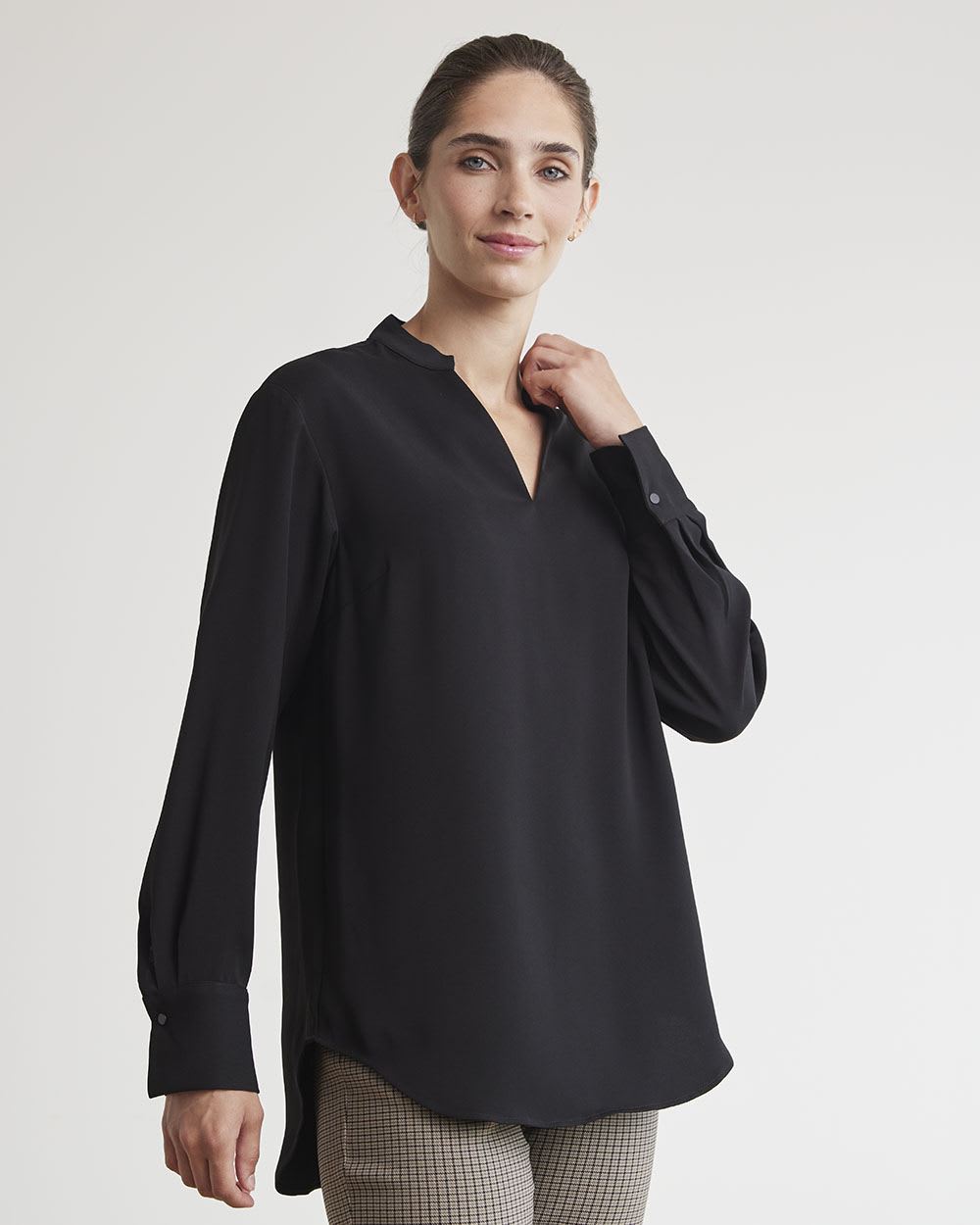 Long-Sleeve Fluid Twill Tunic with V Neckline