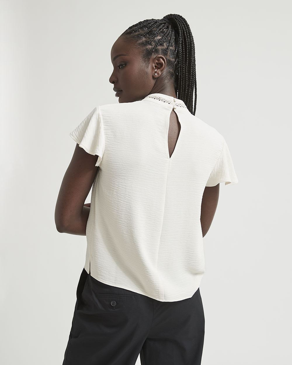 Short-Ruffled-Sleeve Blouse with Lace Details