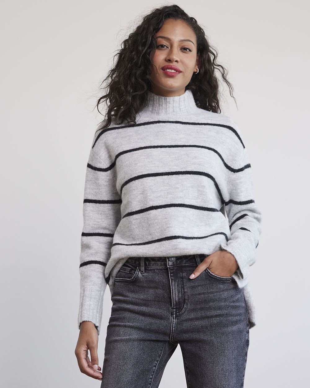 Relaxed-Fit Long-Sleeve Mock-Neck Striped Sweater