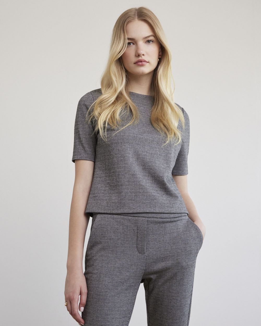 Short-Sleeve Crew-Neck Houndstooth Top