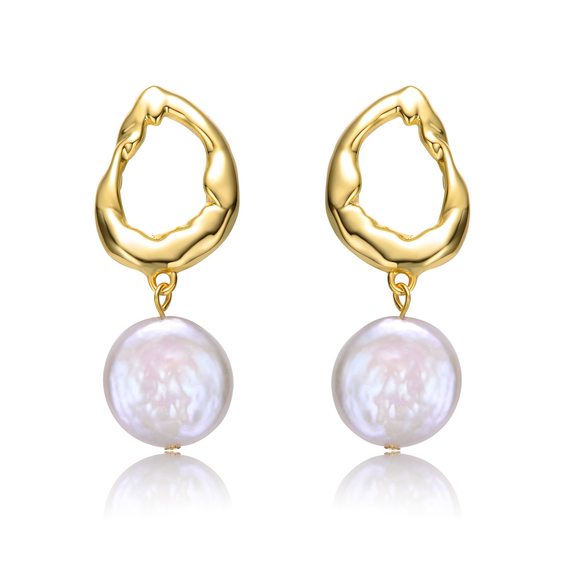 Sterling Silver 14k Yellow Gold Plated with White Coin Pearl Twisted Halo Circle Dangle Drop Earrings