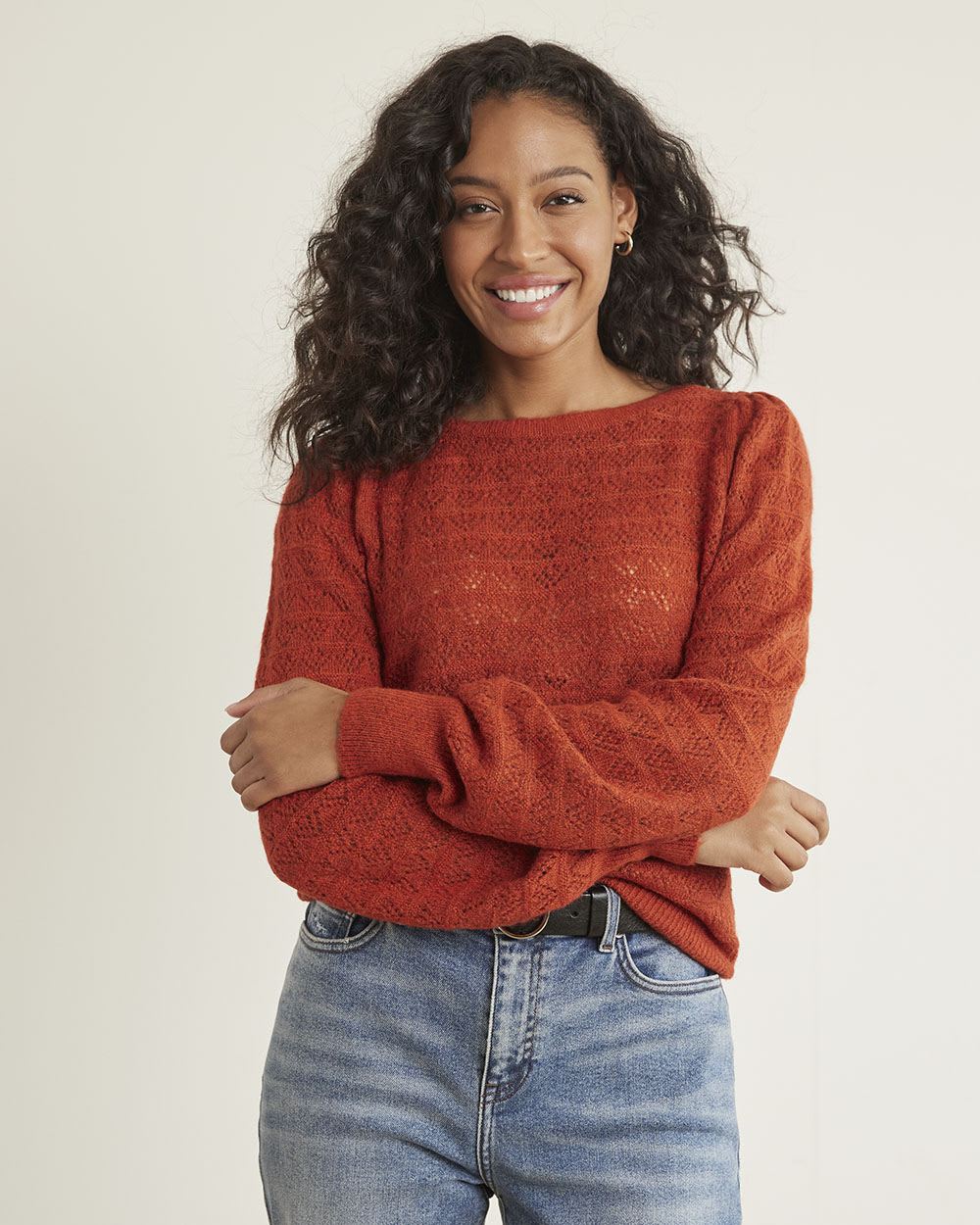Long-Sleeve Boat-Neck Sweater with Pointelle Stitches
