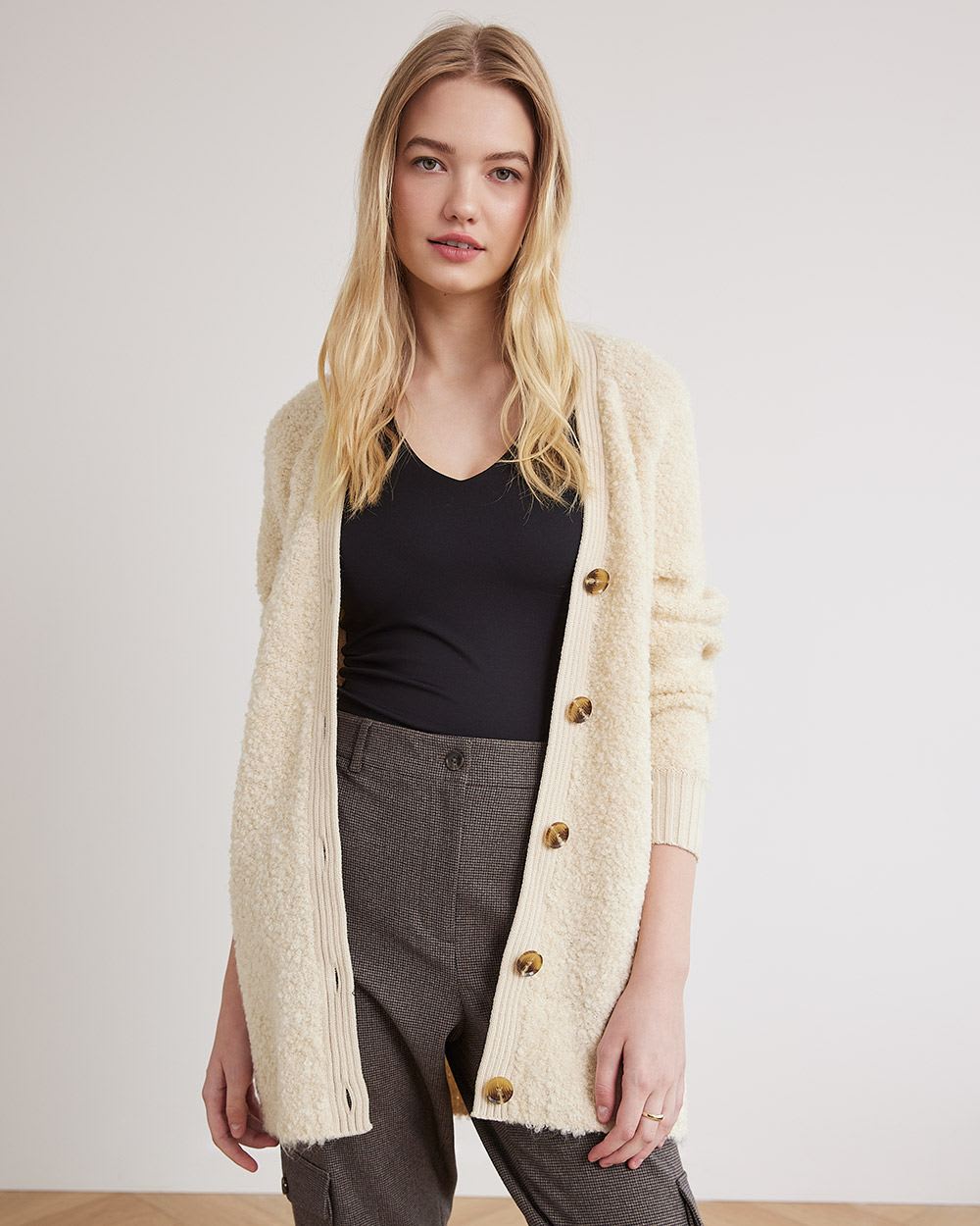 Long-Sleeve Buttoned-Down Bouclé Cardigan