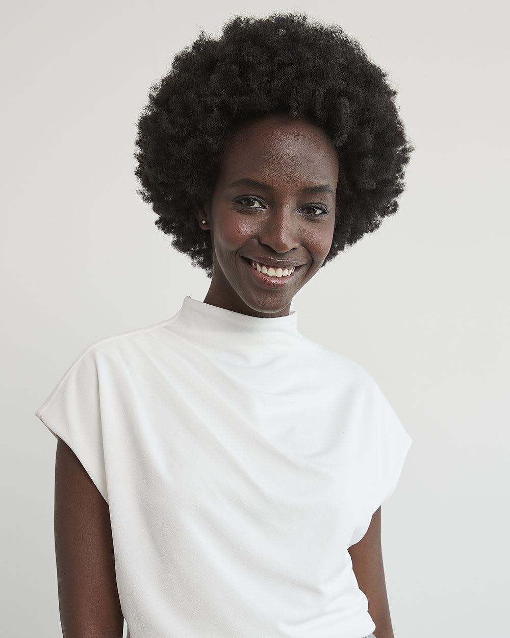 White Cap-Sleeve Crepe Tee with Pleated Mock Neckline