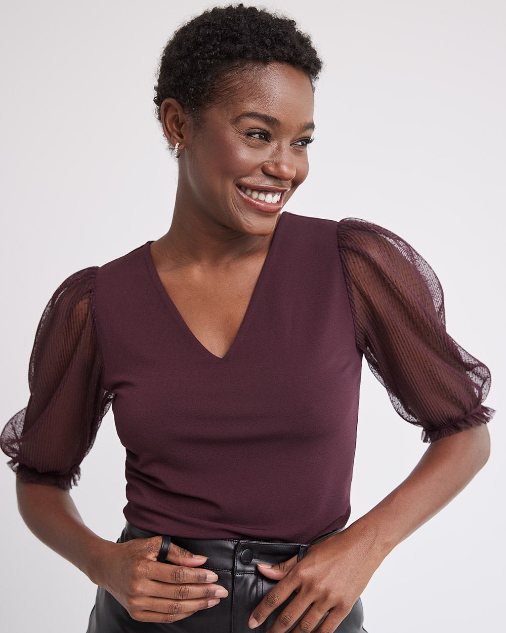 V-Neck Top with Sheer Puffy Sleeves