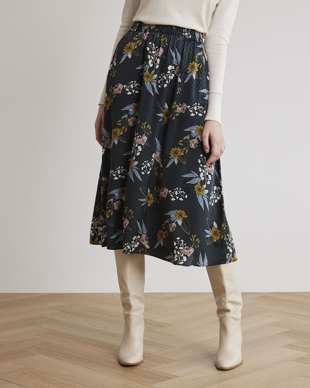 Floral High-Waisted Flare Midi Skirt