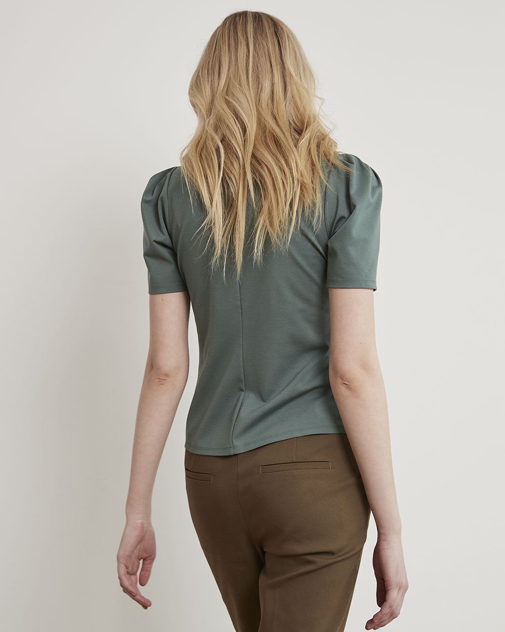 Mock-Neck T-Shirt with Short Puffy Sleeves