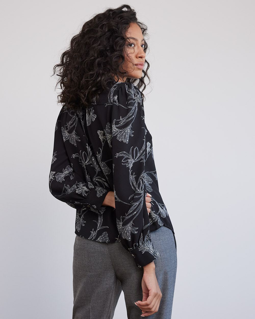 Long-Sleeve Buttoned-Down Silky Crepe Blouse