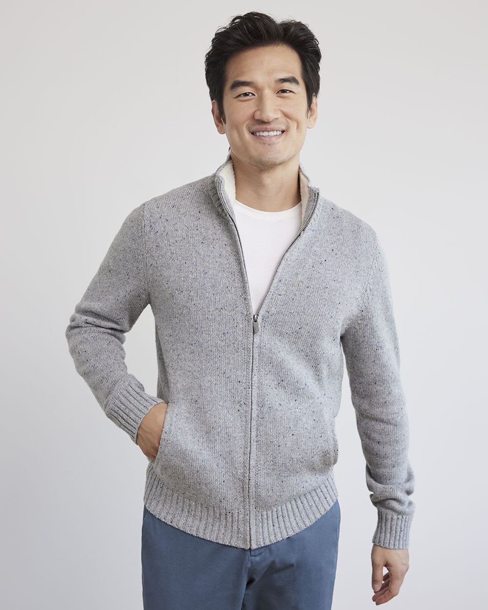 Long-Sleeve Cardigan with Sherpa Mock Neckline