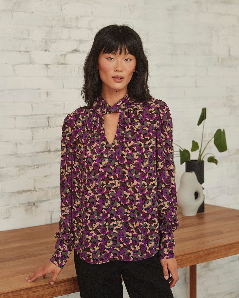 Twisted Cutout Mock-Neck Long Sleeve Popover Blouse