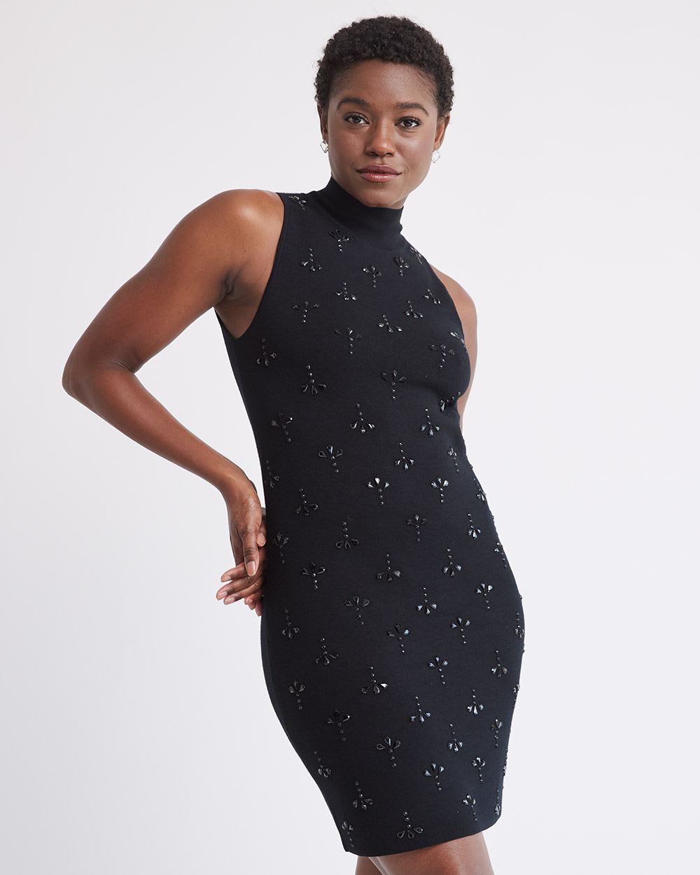 Sleeveless Mock-Neck Mini Dress with Stones