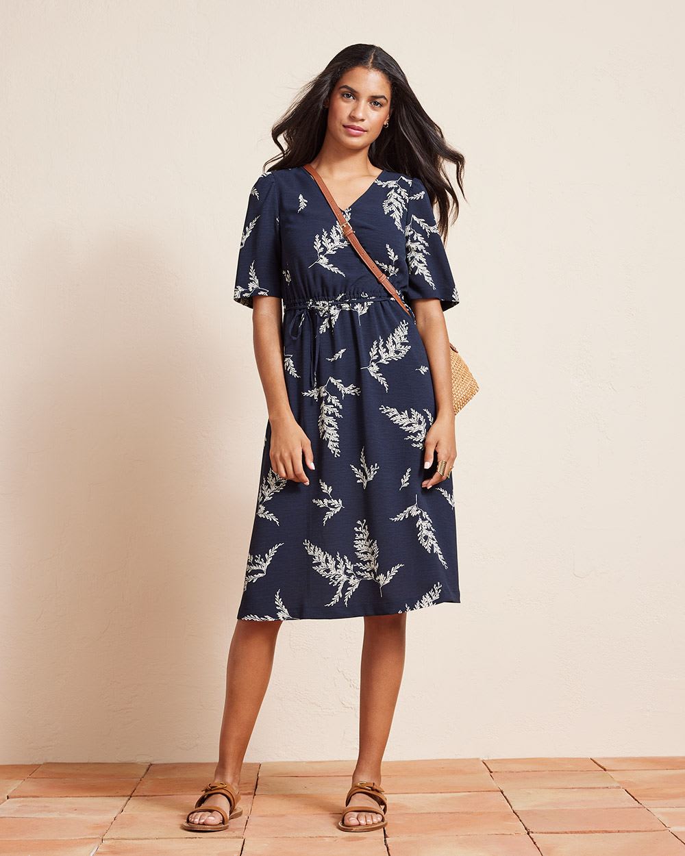 3/4-Sleeve Fluid Fit and Flare Midi Dress with V Neckline