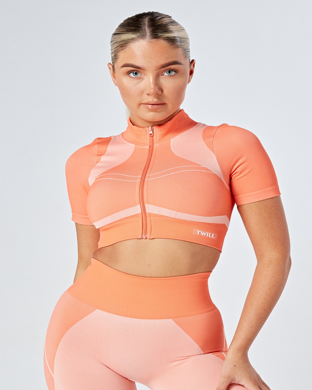 Twill Active - Recycled Colour Block Zip-up Crop Top - Coral