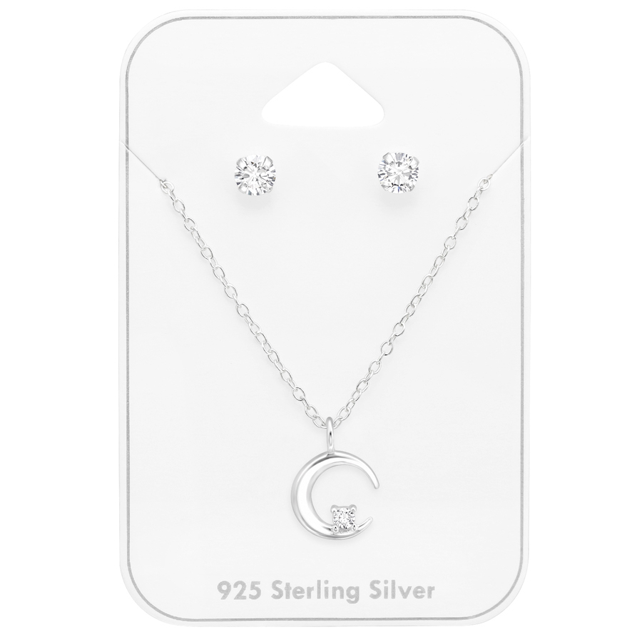 Sterling Silver Clear CZ Stud with Dainty Crescent Moon Pendant Necklace - Ag Sterling