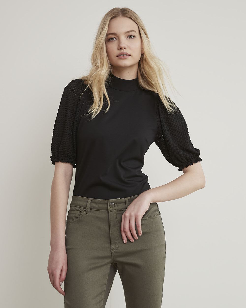 Mock-Neck T-Shirt with Short Puffy Sleeves