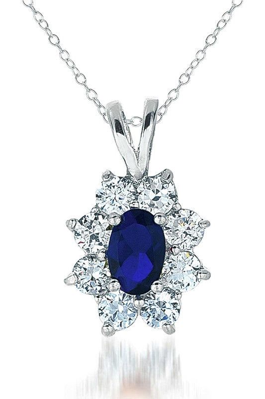 Sterling Silver White Gold PlatIng with Sapphire Cubic Zirconia Flower Shape Pendant Necklace