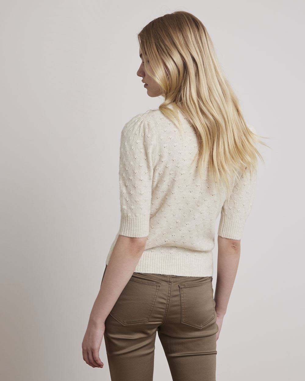 Short-Sleeve Crew-Neck Sweater with Fancy Stitches