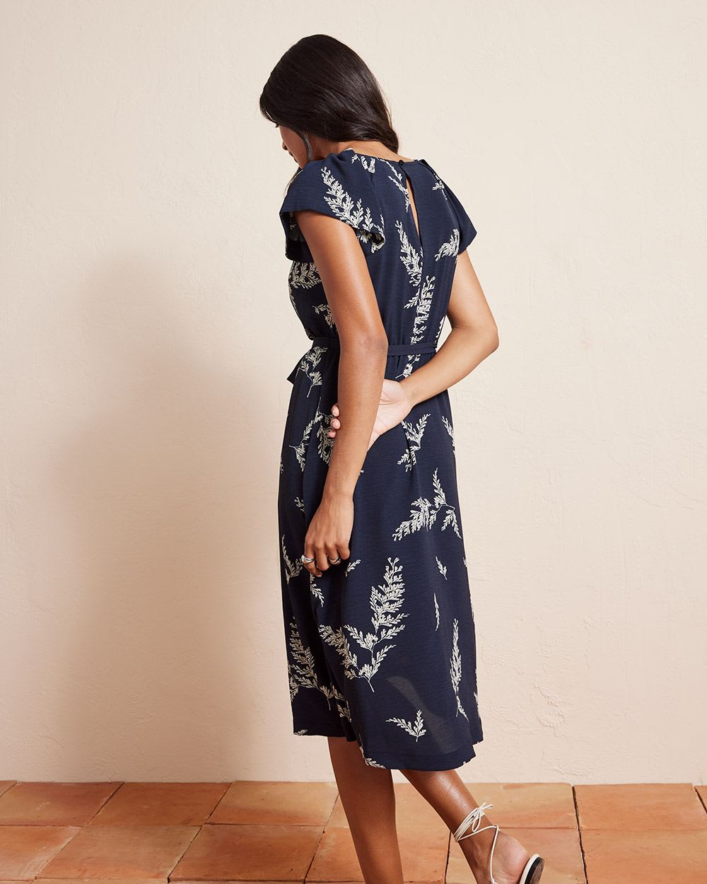 Extended-Sleeve Fluid Fit and Flare Midi Dress with Crew Neckline