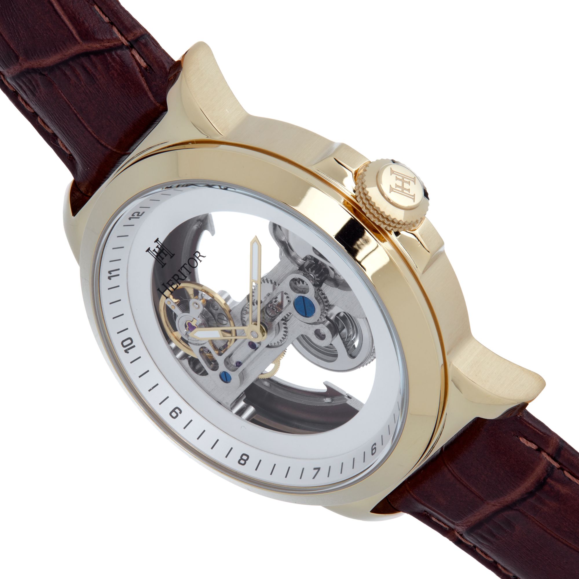 Heritor Automatic - Xander Semi-Skeleton Leather-Band Watch - Gold/Brown