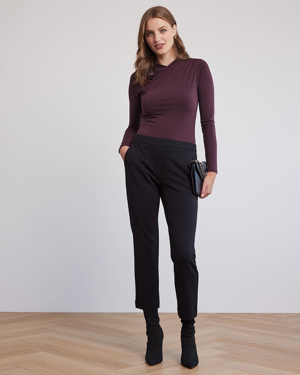 Long-Sleeve Top with Asymmetrical Draped Neckline