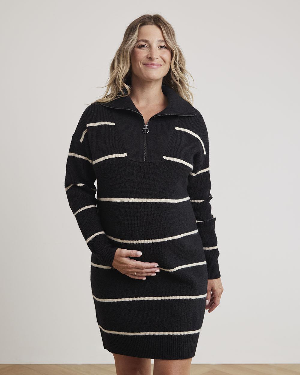Long-Sleeve Sweater Dress with Half-Zipped High Neckline - Thyme Maternity