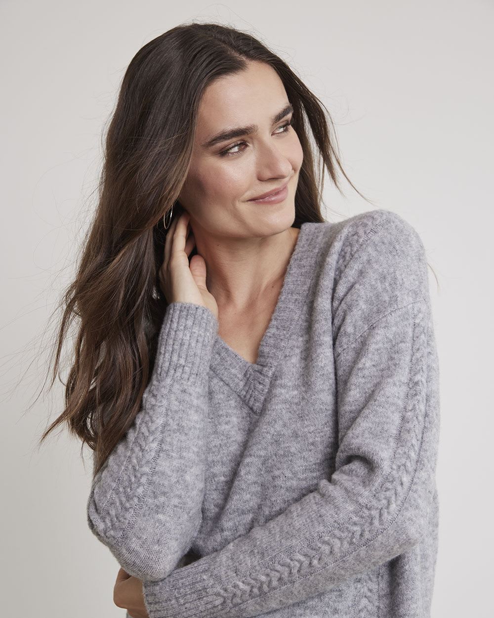 Merino-Blend V-Neck Tunic with Cable Stitches