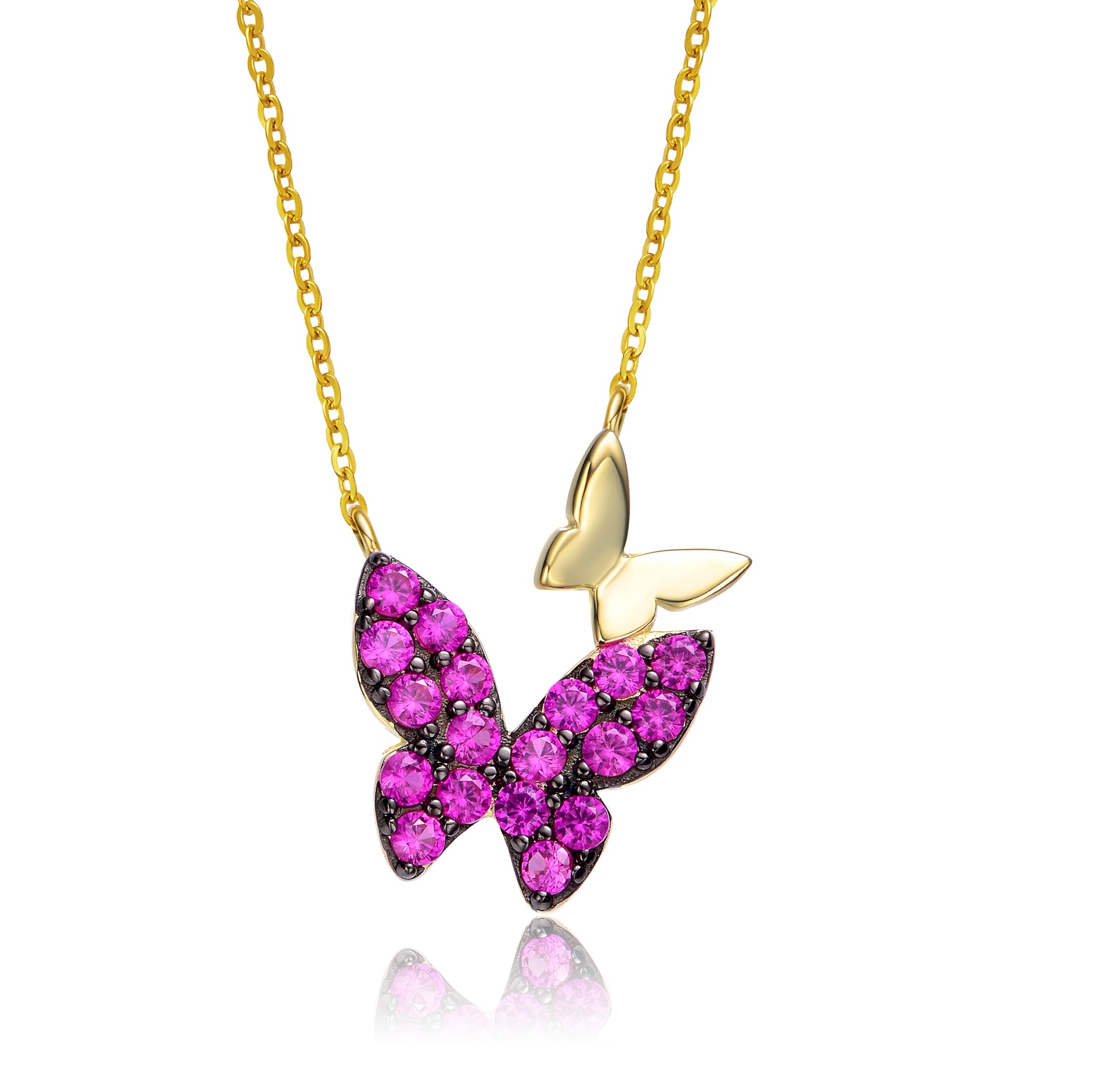 GV Sterling Silver 14k Yellow Gold Plated with Ruby Cubic Zirconia Double Butterfly Layering Necklace