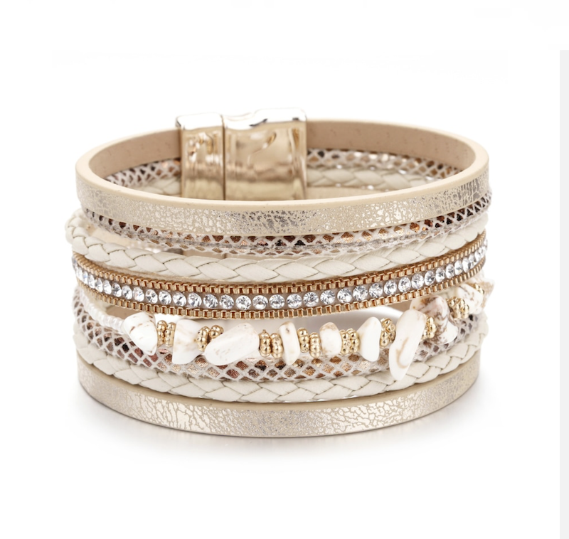 Beige & Goldtone Multi-Strand Faux Leather Bracelet with White Stones - Don't AsK