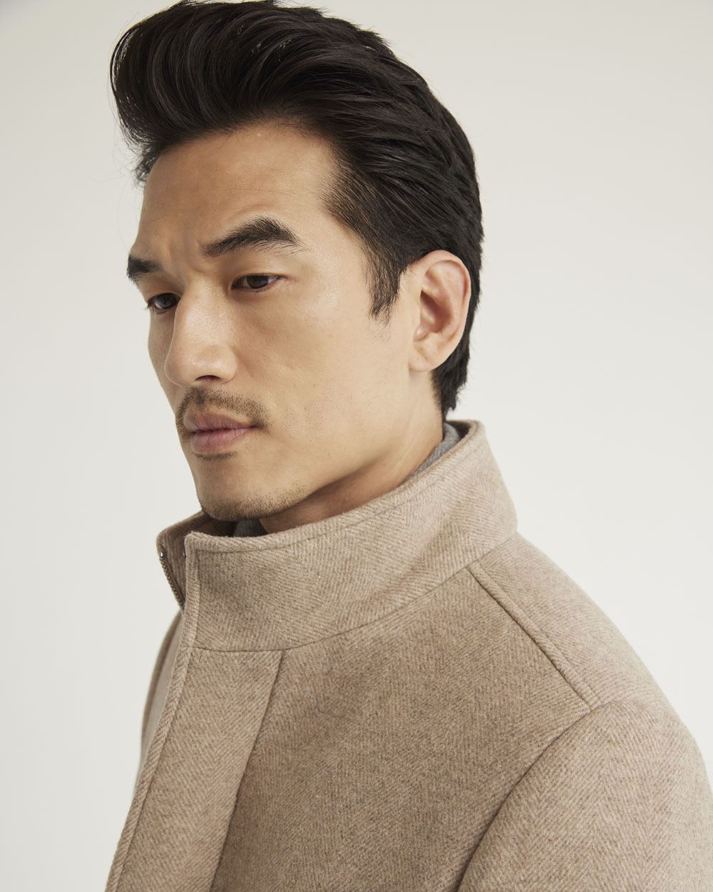 Classic Herringbone Wool Coat with Mock Neckline