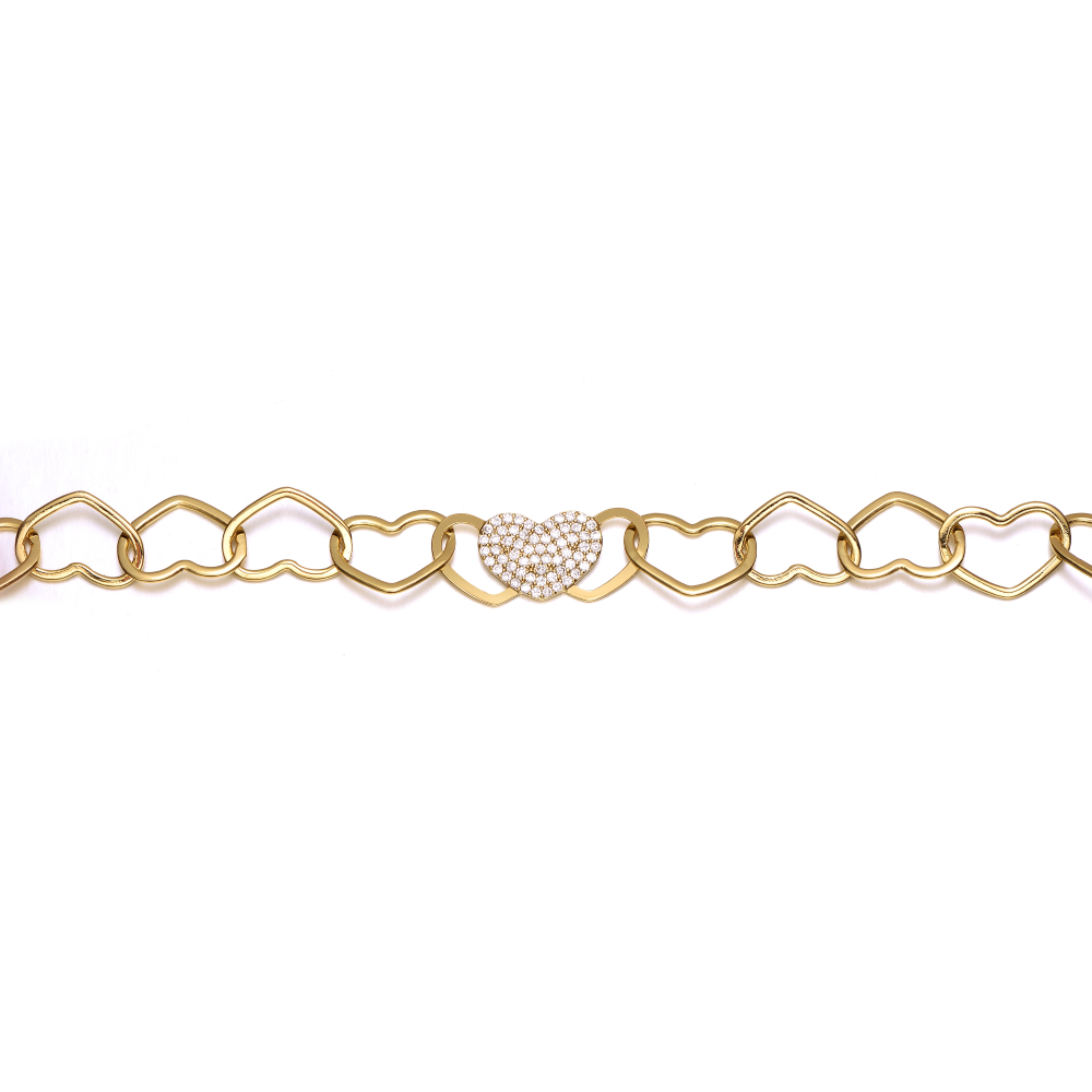 RG 14k Yellow Gold Plated with Cubic Zirconia Pave Heart Charm Link Chain Bracelet - Adjustable w/ Extension Chain
