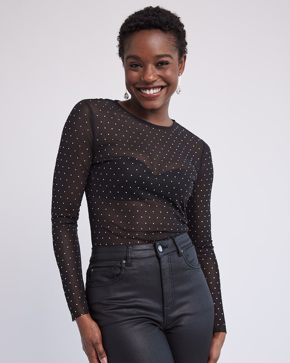 Long-Sleeve Beaded Mesh Tee with Crew Neckline