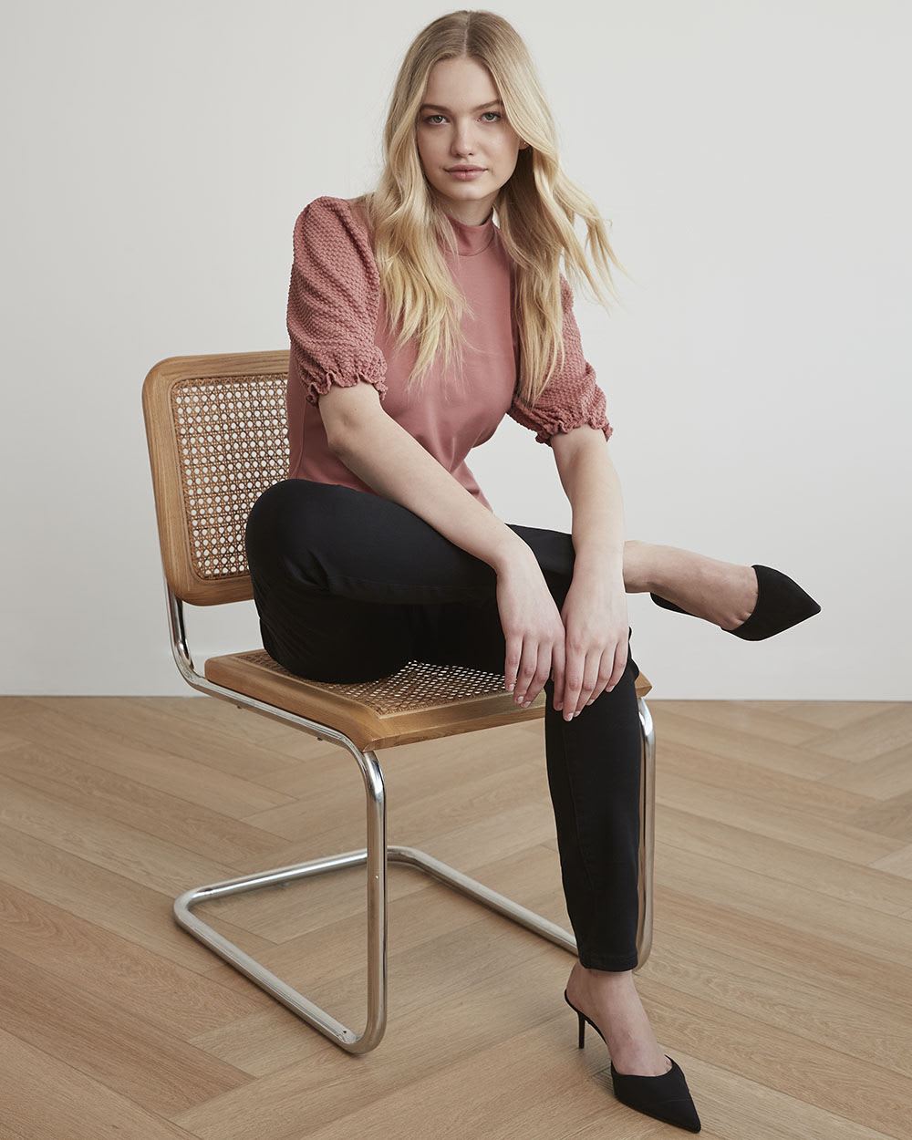 Mock-Neck T-Shirt with Short Puffy Sleeves