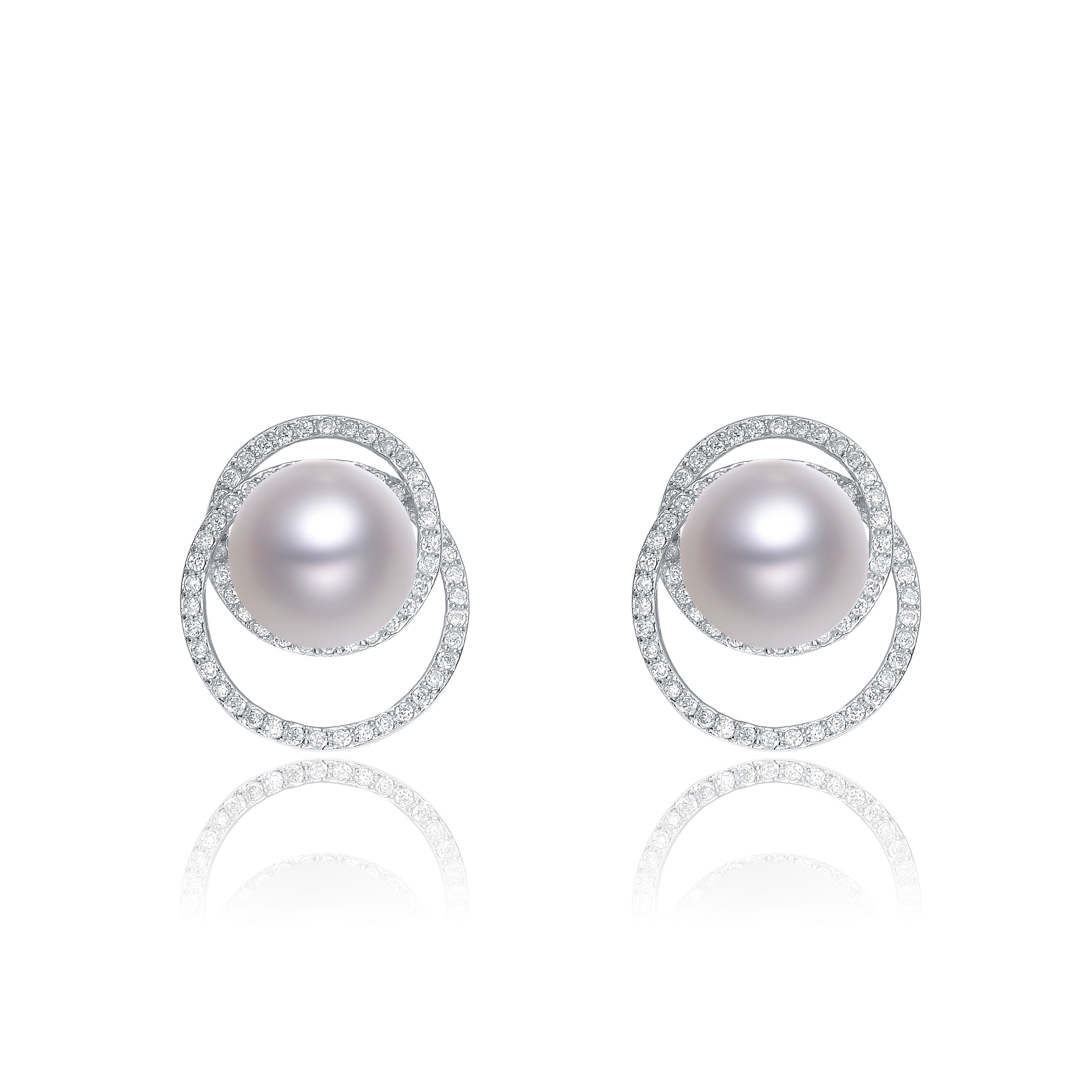 Genevive Cubic Zirconia Sterling Silver Rhodium Plated Round Pearl Earrings
