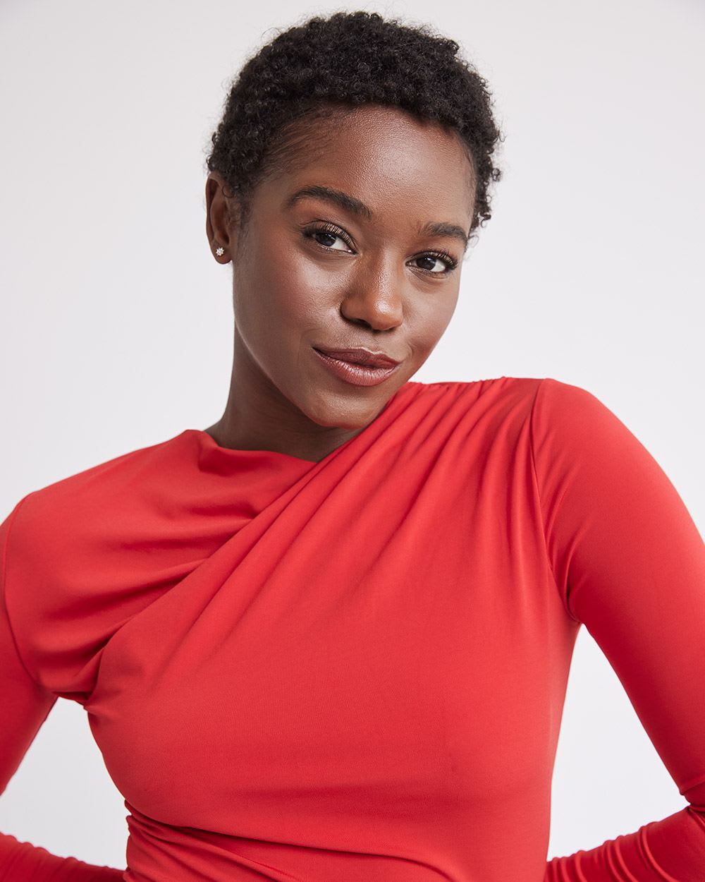 Long-Sleeve Top with Asymmetrical Draped Neckline