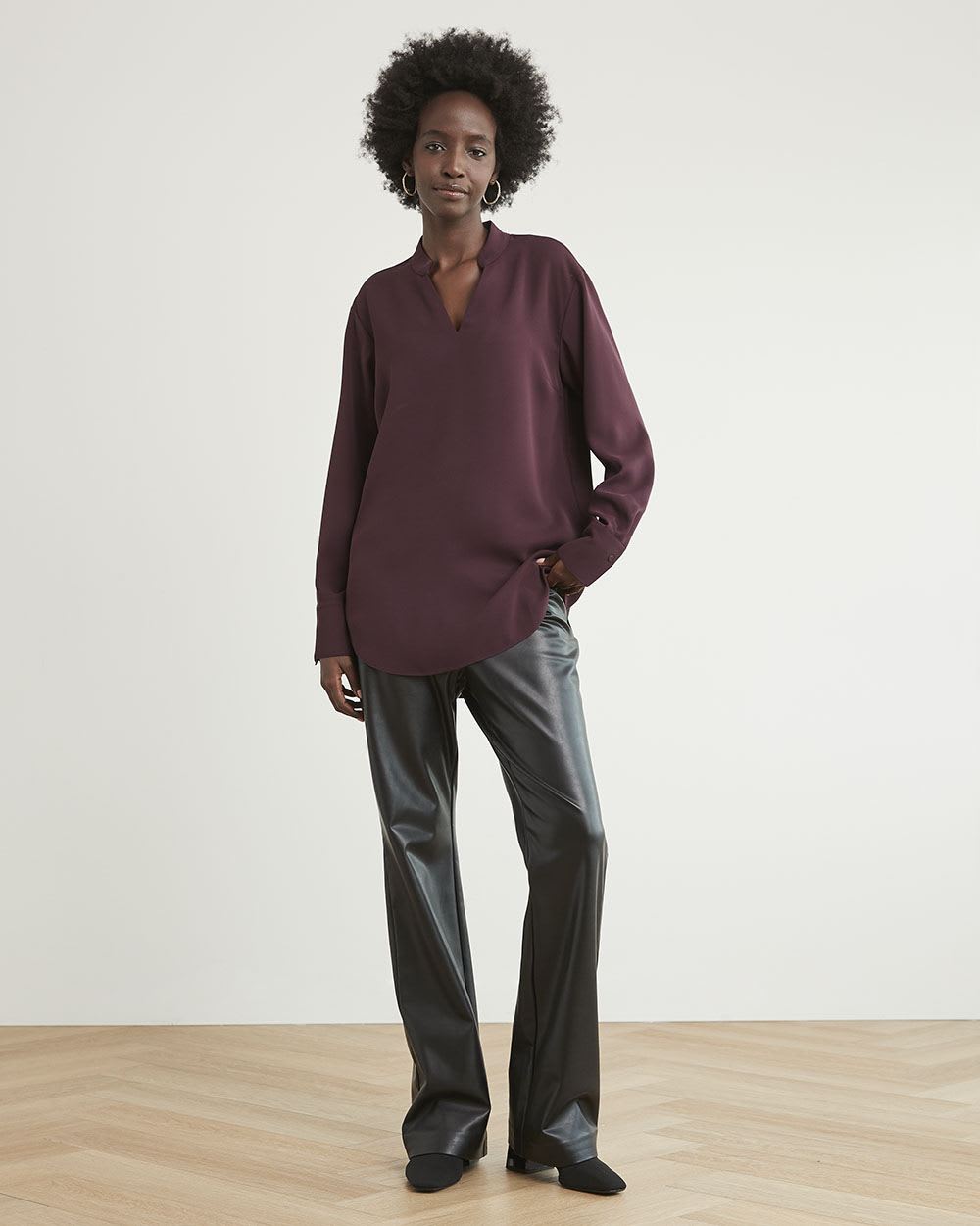 Long-Sleeve Fluid Twill Tunic with V Neckline