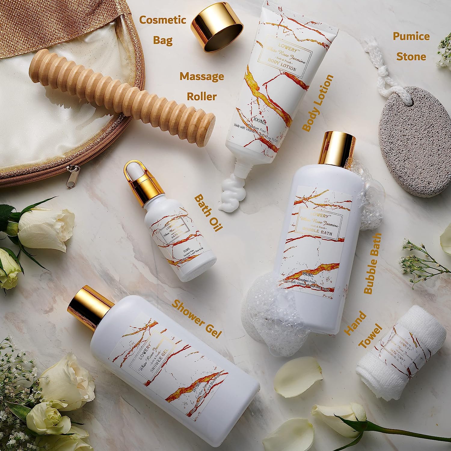 Lovery Home Spa Gift Basket, Self Care Gifts, White Rose Jasmine Bath & Body Gift Basket