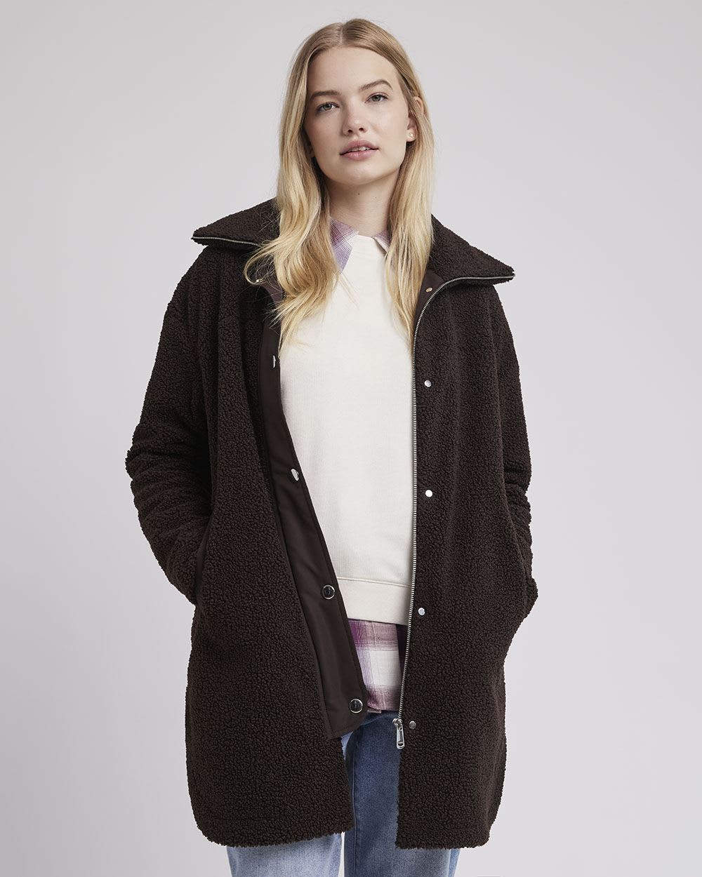 Relaxed-Fit Sherpa Coat with Quilted Back