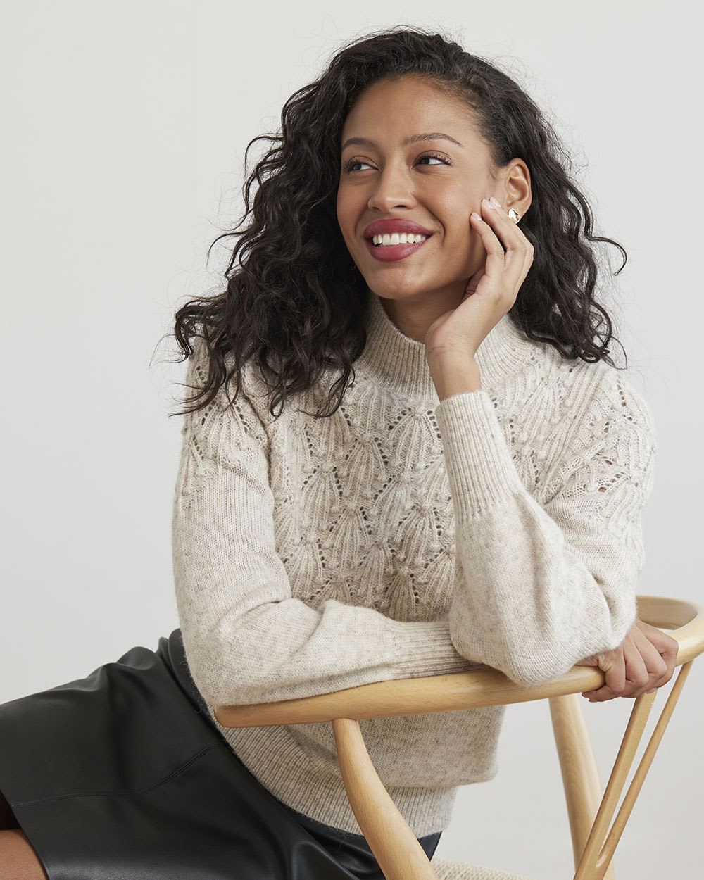 Long-Sleeve Mock-Neck Sweater with Pompom Stitches