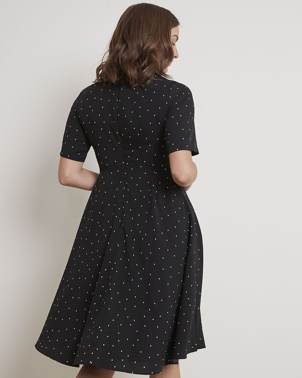 Short-Sleeve Mock-Neck Dress with Pleated Skirt