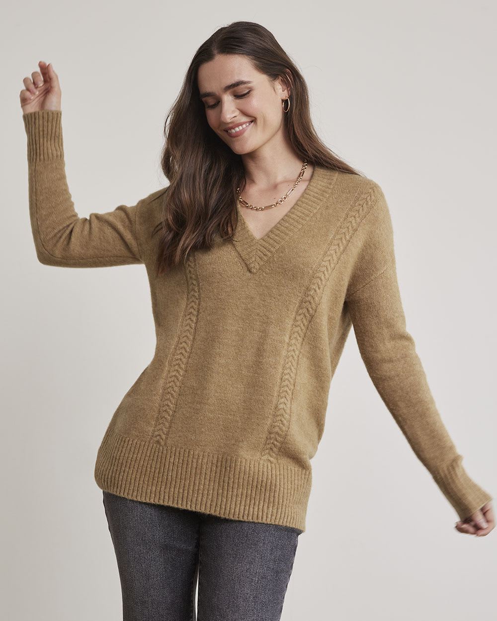 Merino-Blend V-Neck Tunic with Cable Stitches