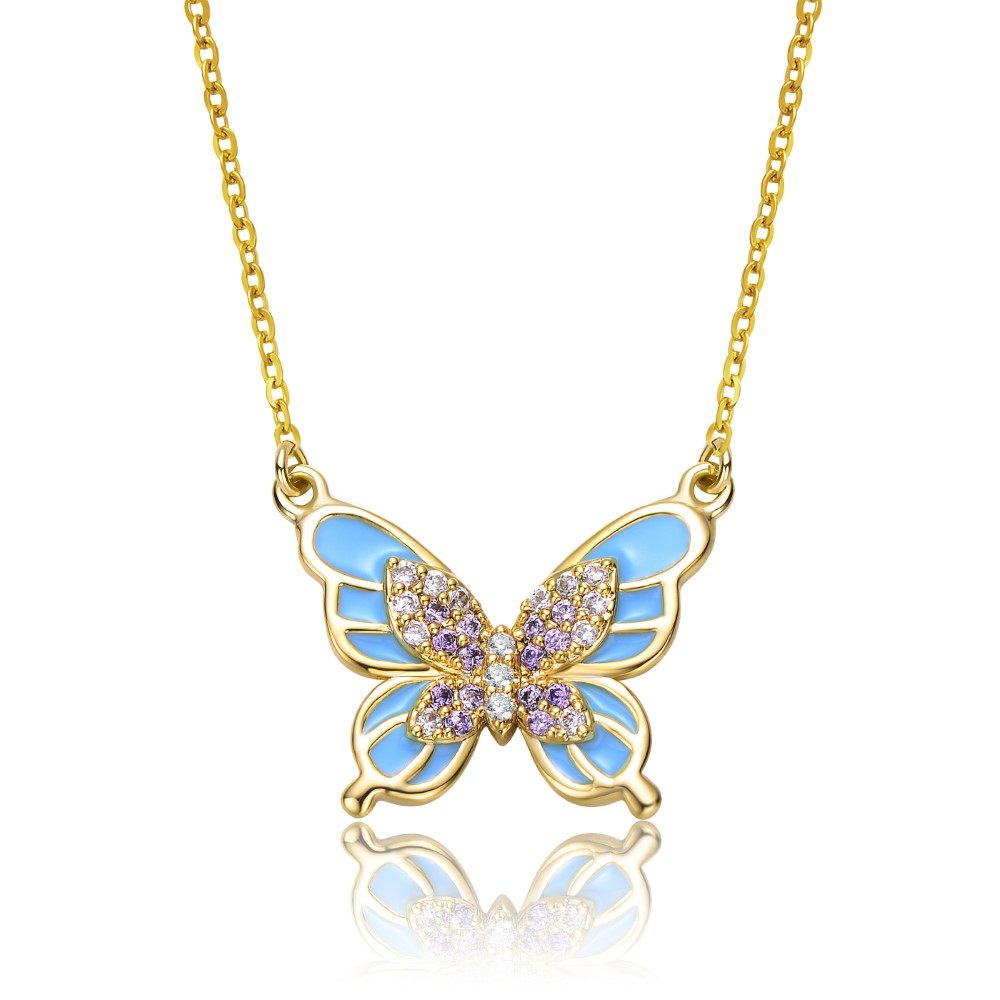 RG Young Adults/Teens 14k Yellow Gold Plated with Shades of Amethyst Cubic Zirconia Blue Enamel Butterfly Pendant Necklace