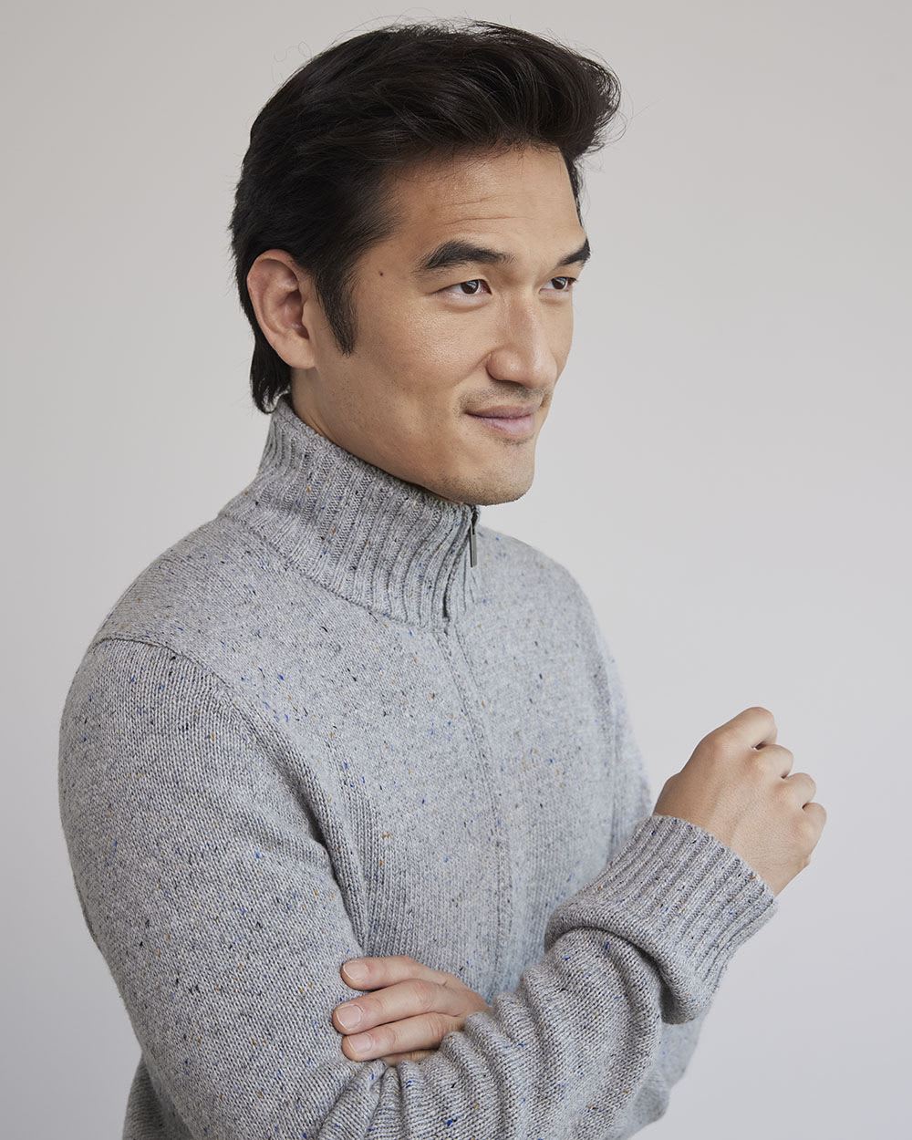 Long-Sleeve Cardigan with Sherpa Mock Neckline