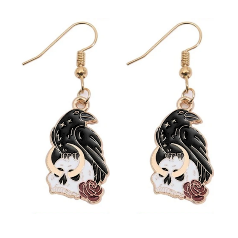 Goldtone Black Raven & Skull Drop Earrings - Don't AsK
