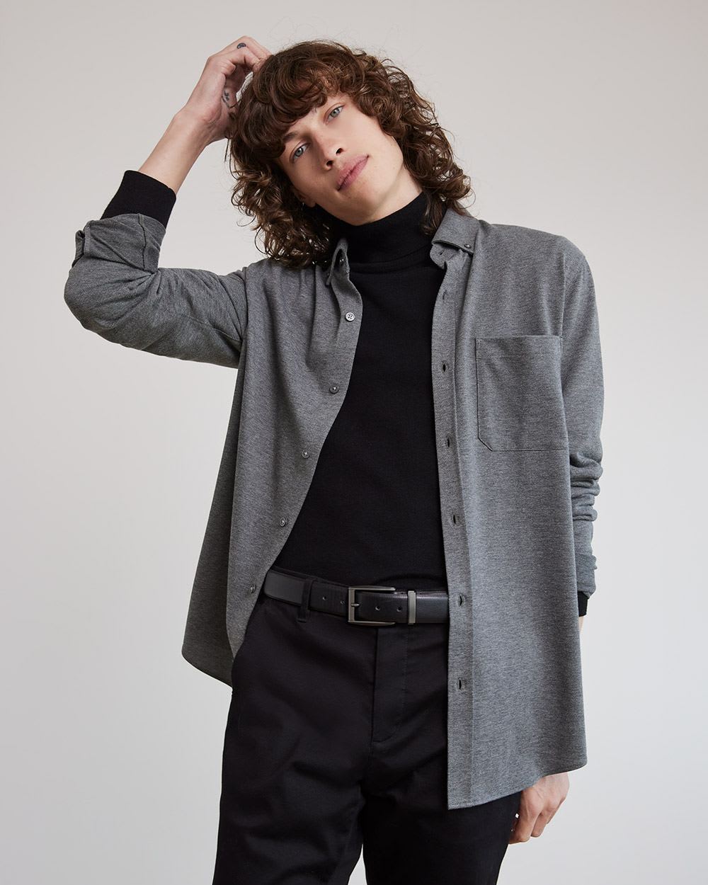 Long-Sleeve Piqué Cotton Shirt