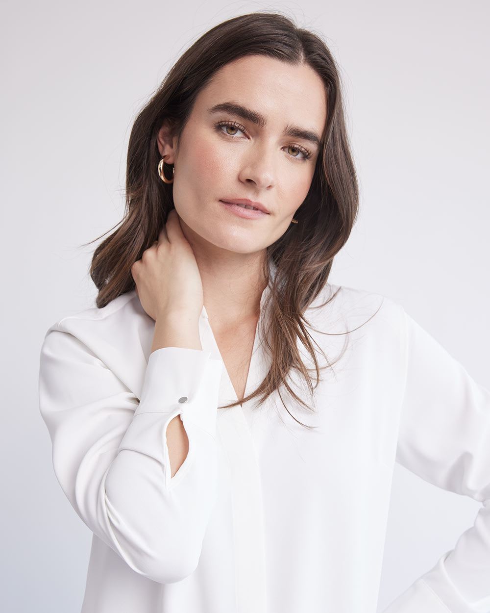 Long-Sleeve V-Neck Crepe Popover Blouse